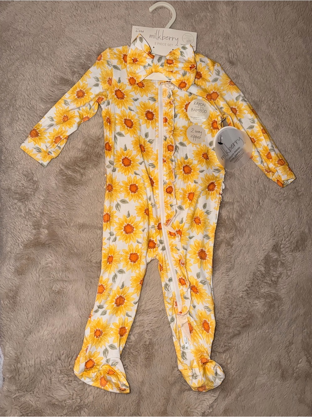 2 piece Milkberry Sunflower 2 way zip Pajamas with ruffles and headband bow 6-9m